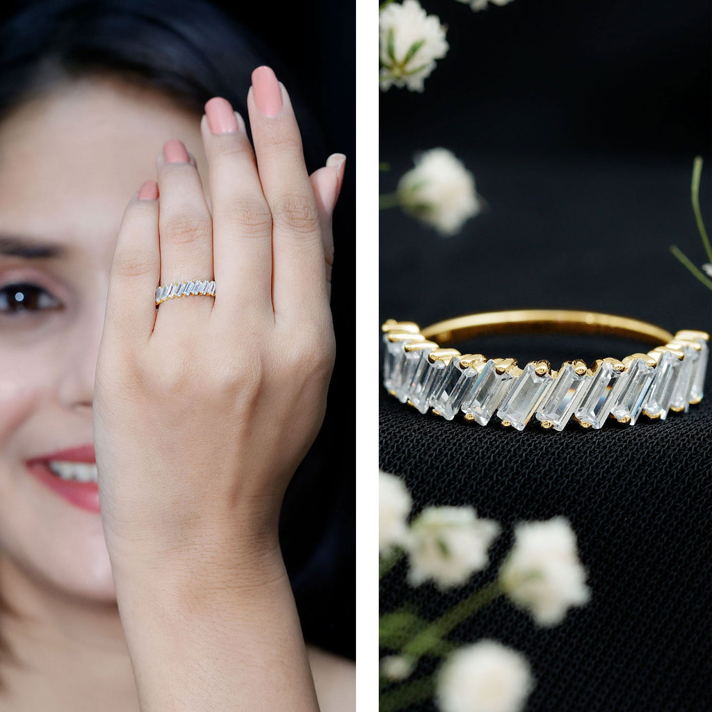 Tilted Baguette Cut Simulated Diamond Half Eternity Ring in Gold