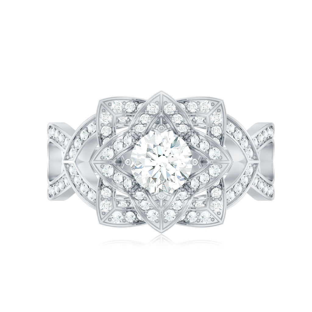Vintage Style Zircon Floral Engagement Ring with Split Shank