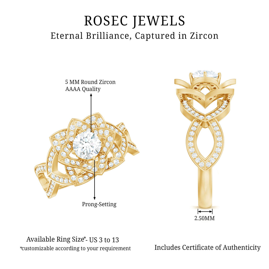 Vintage Style Zircon Floral Engagement Ring with Split Shank