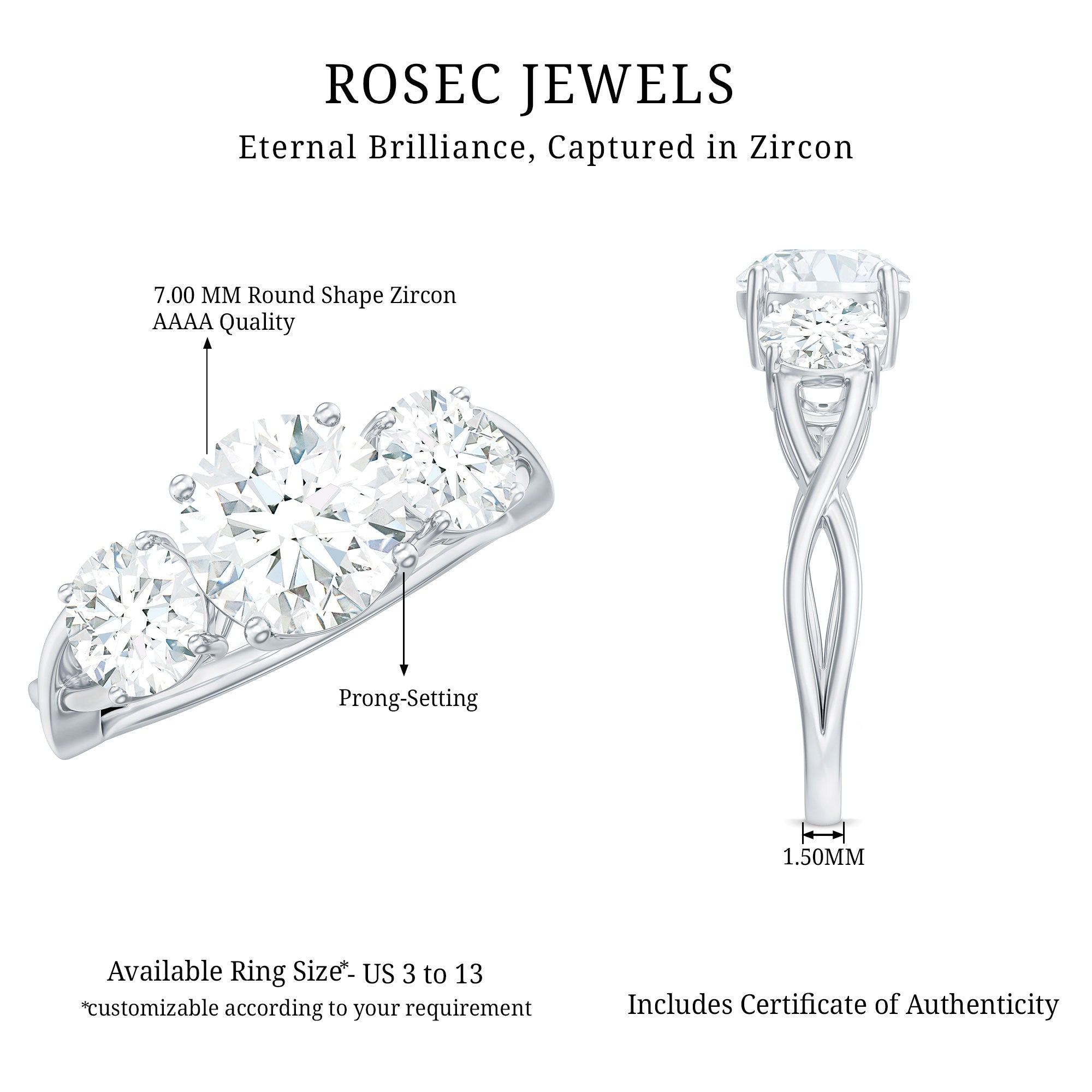 3 Stone Round Cubic Zirconia Crossover Engagement Ring
