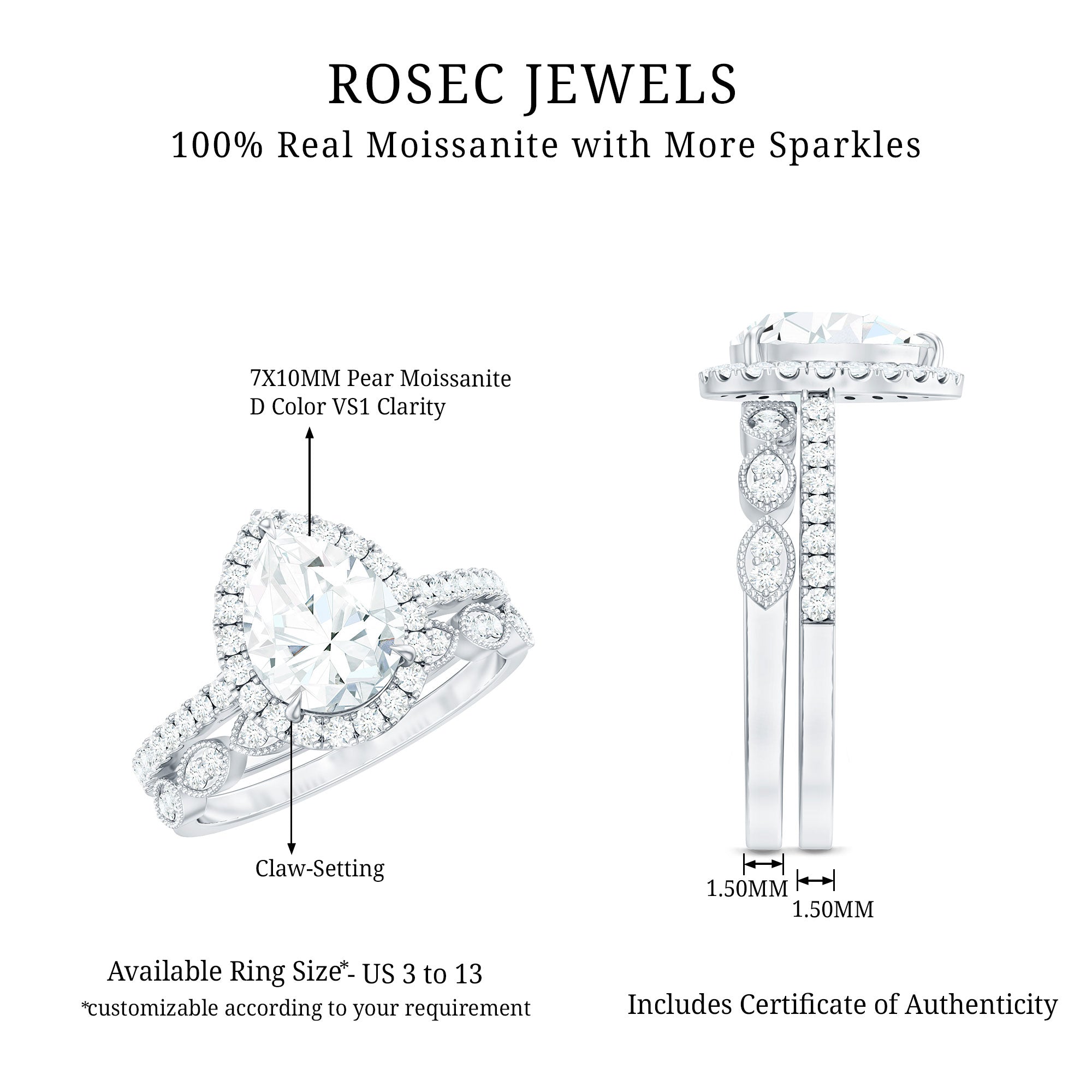 Certified Moissanite Teardrop Engagement Ring Set