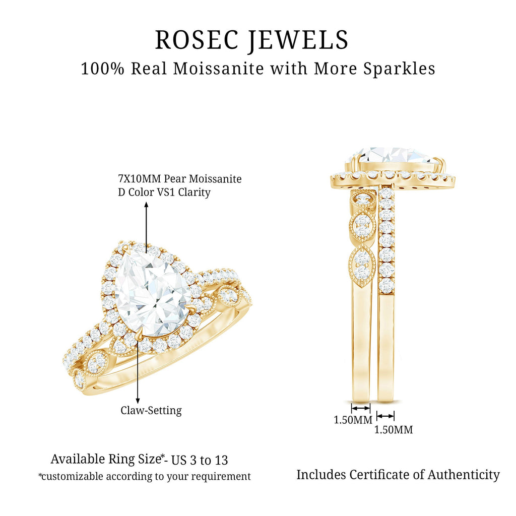 Certified Moissanite Teardrop Engagement Ring Set