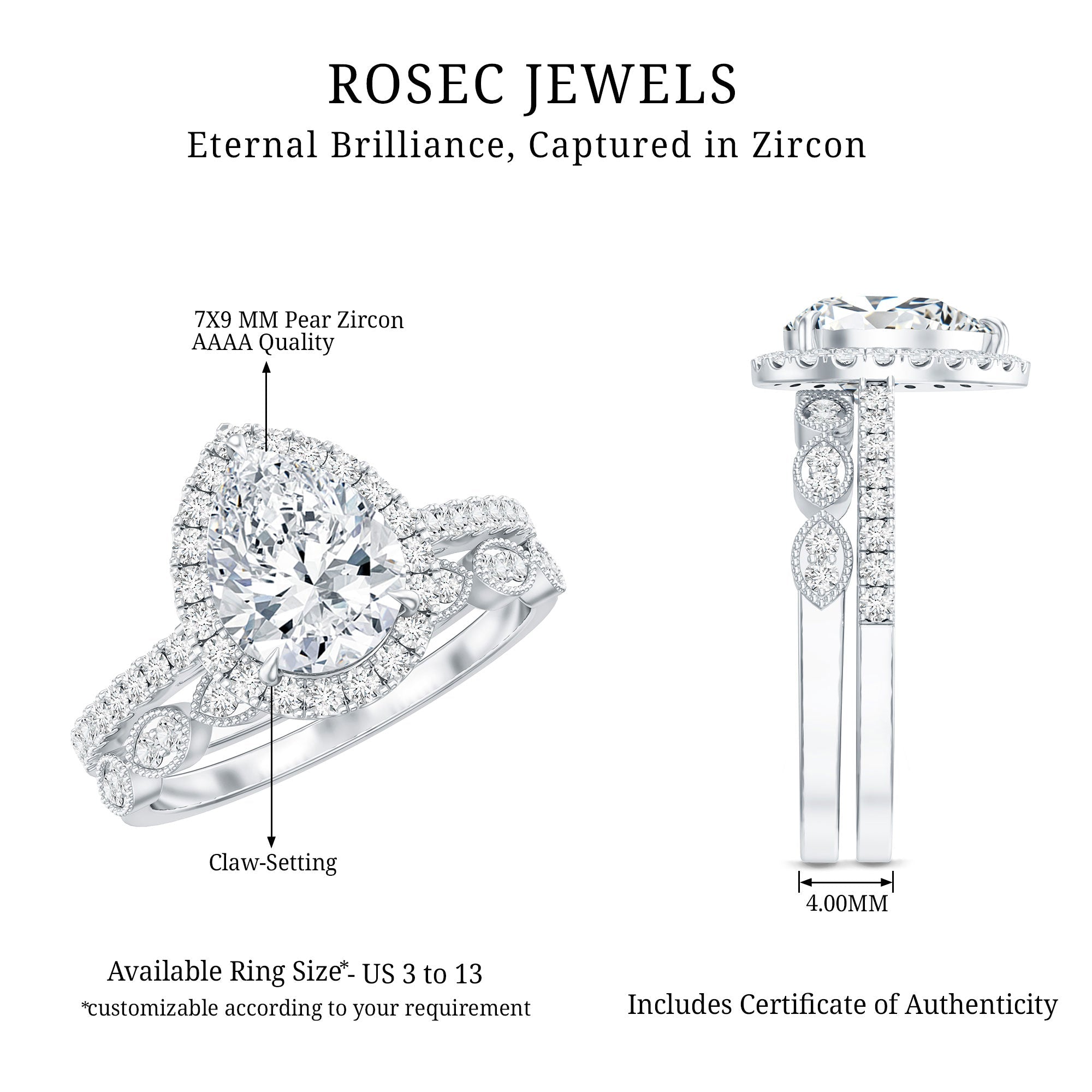 Designer Zircon Teardrop Wedding Ring with Enhancer Band