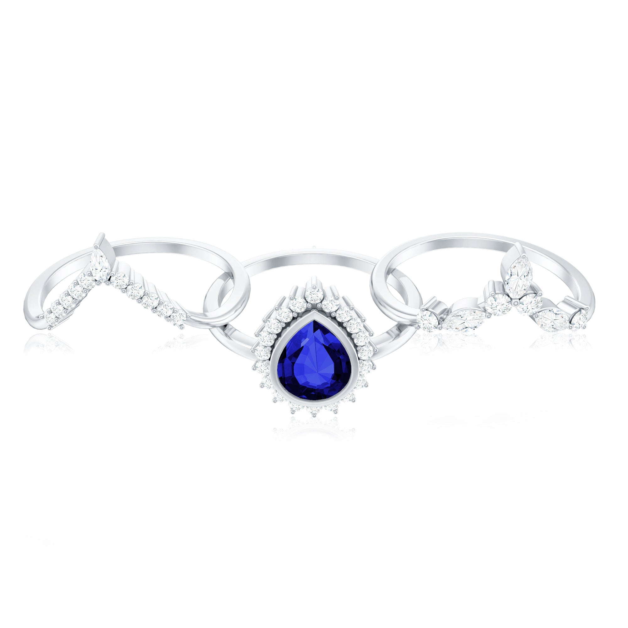 Created Blue Sapphire and Moissanite Art Deco Wedding Ring Set in Gold