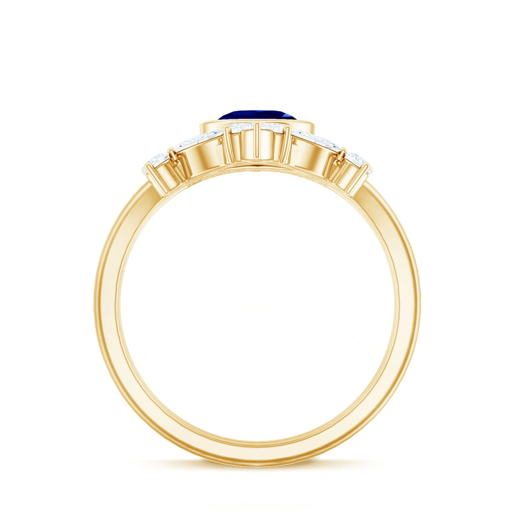 Created Blue Sapphire and Moissanite Art Deco Wedding Ring Set in Gold