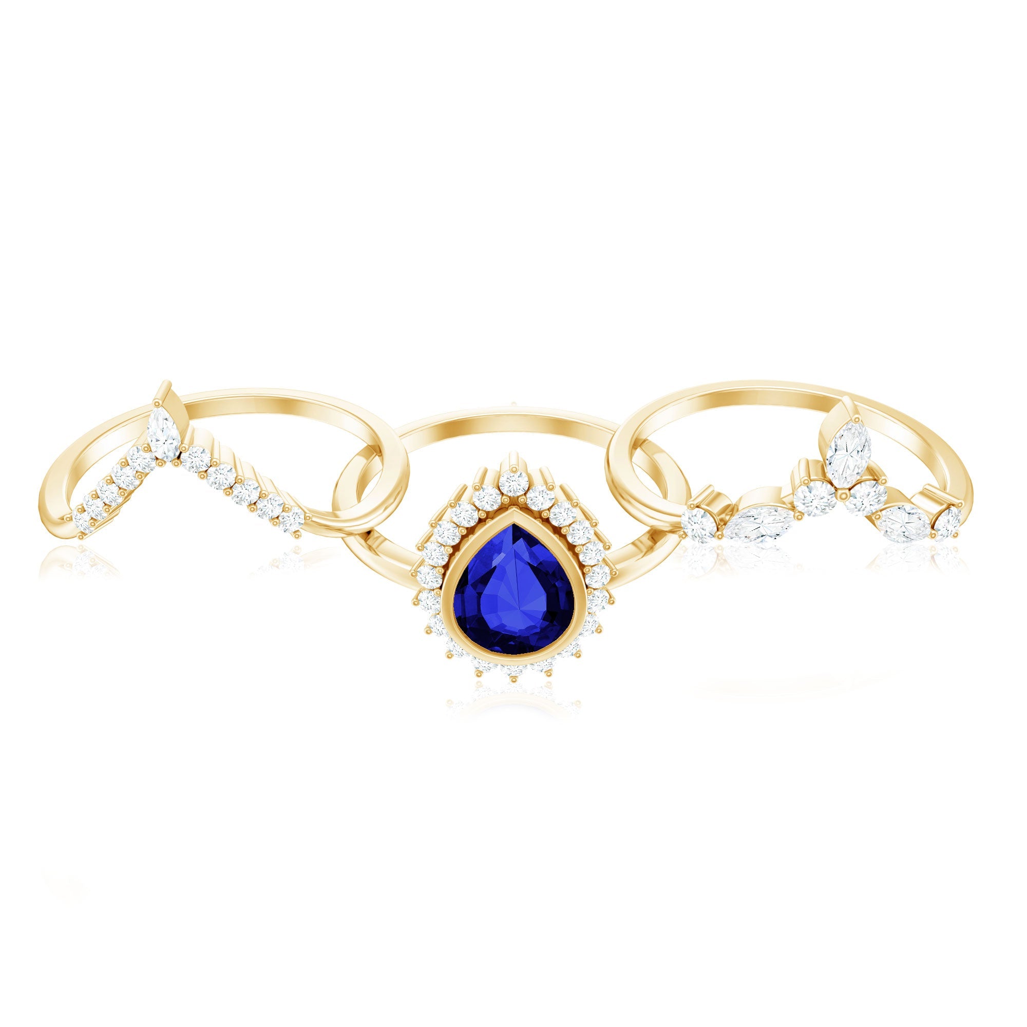 Created Blue Sapphire and Moissanite Art Deco Wedding Ring Set in Gold