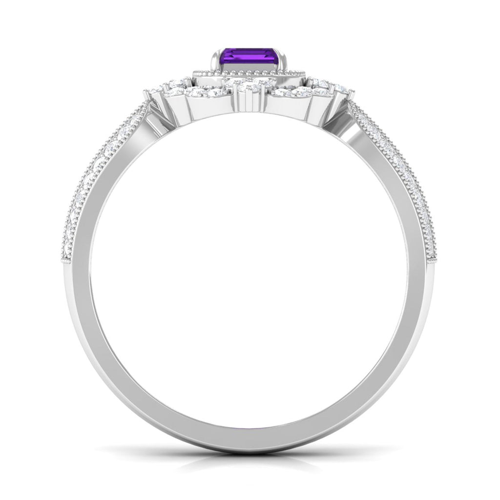 Vintage Style Octagon Amethyst Engagement Ring with Diamond Floral Halo