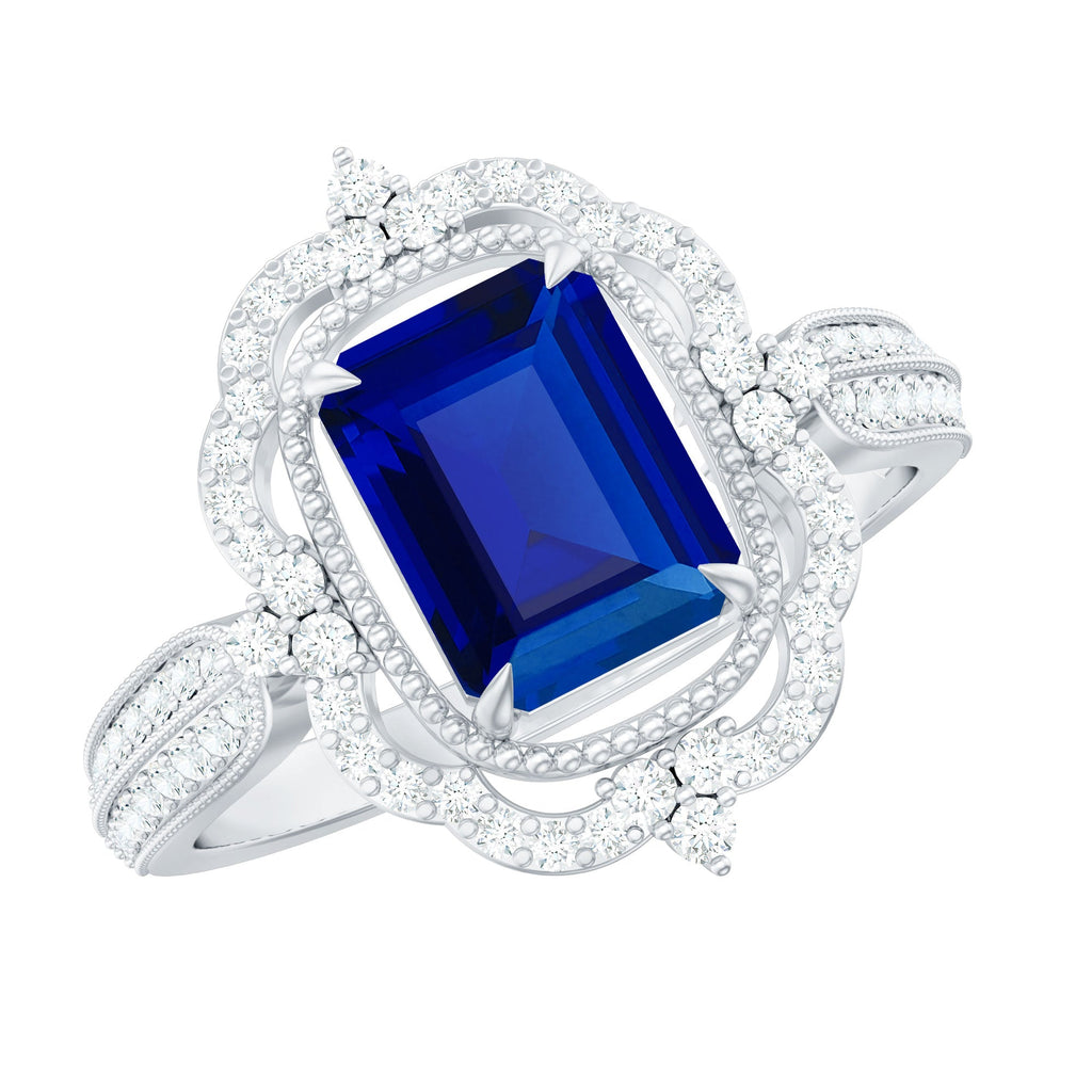 Vintage Style Created Blue Sapphire Engagement Ring with Diamond Floral Halo