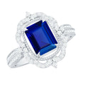 Vintage Style Created Blue Sapphire Engagement Ring with Diamond Floral Halo