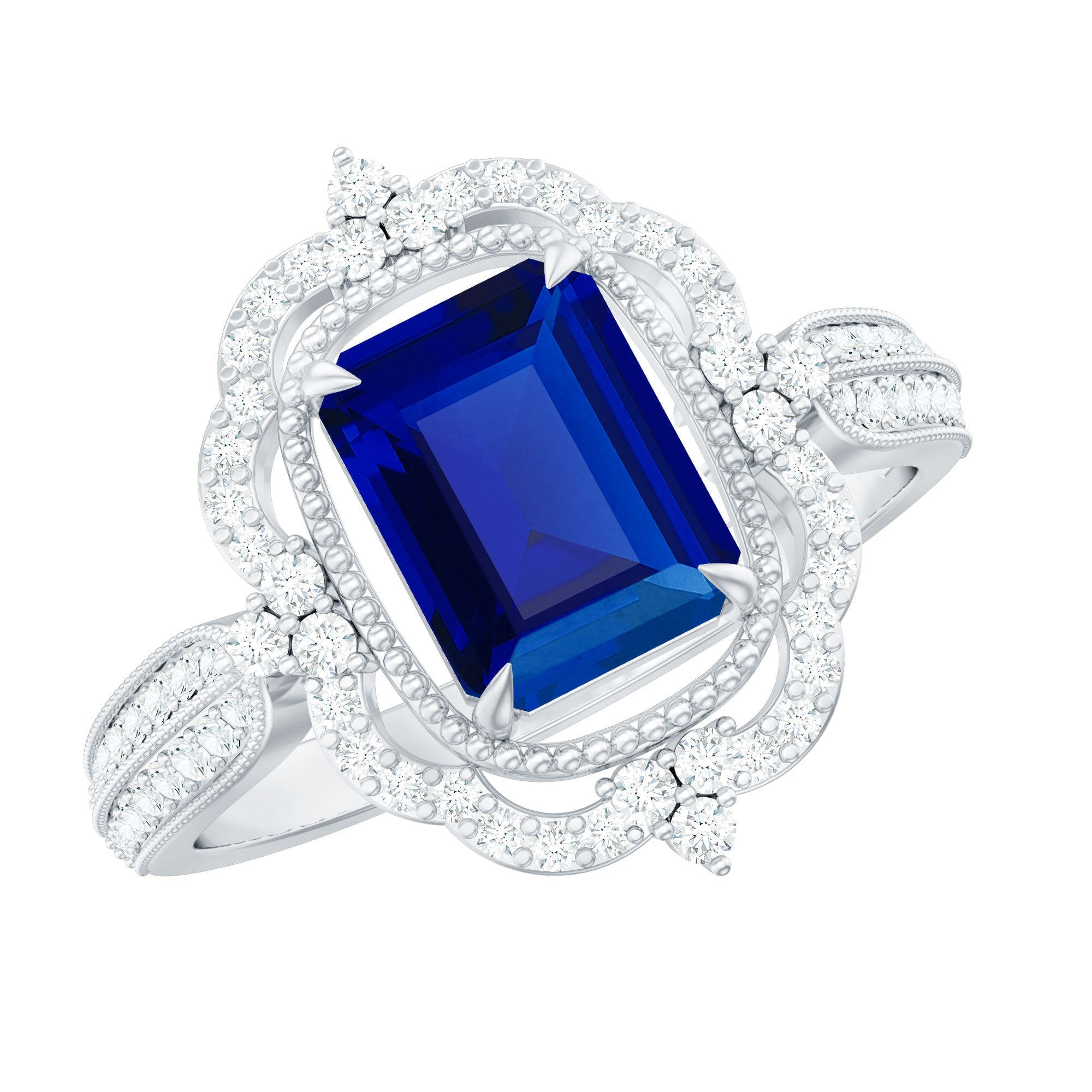 Vintage Style Created Blue Sapphire Engagement Ring with Diamond Floral Halo