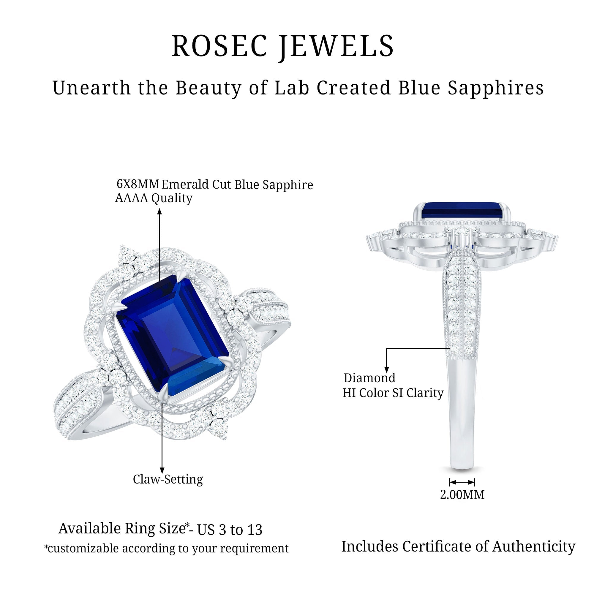 Vintage Style Created Blue Sapphire Engagement Ring with Diamond Floral Halo