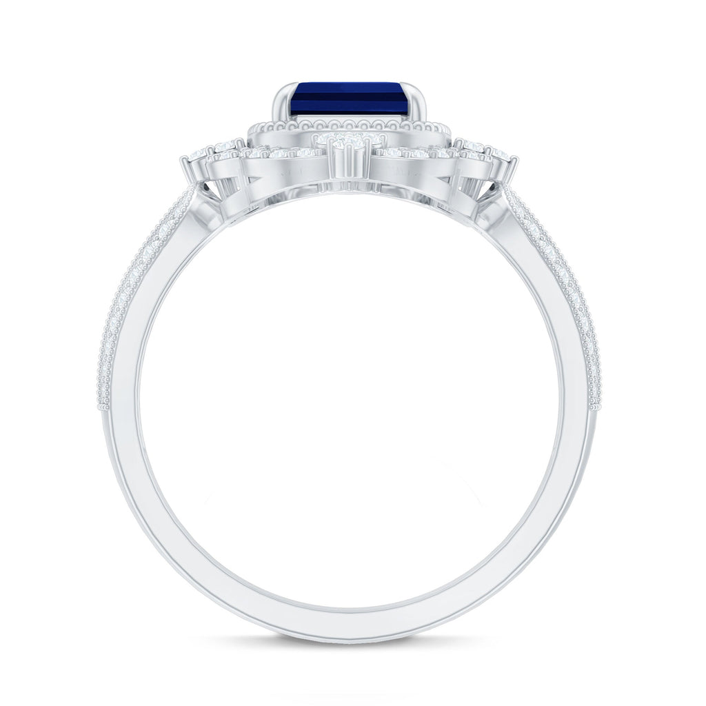 Vintage Style Created Blue Sapphire Engagement Ring with Diamond Floral Halo