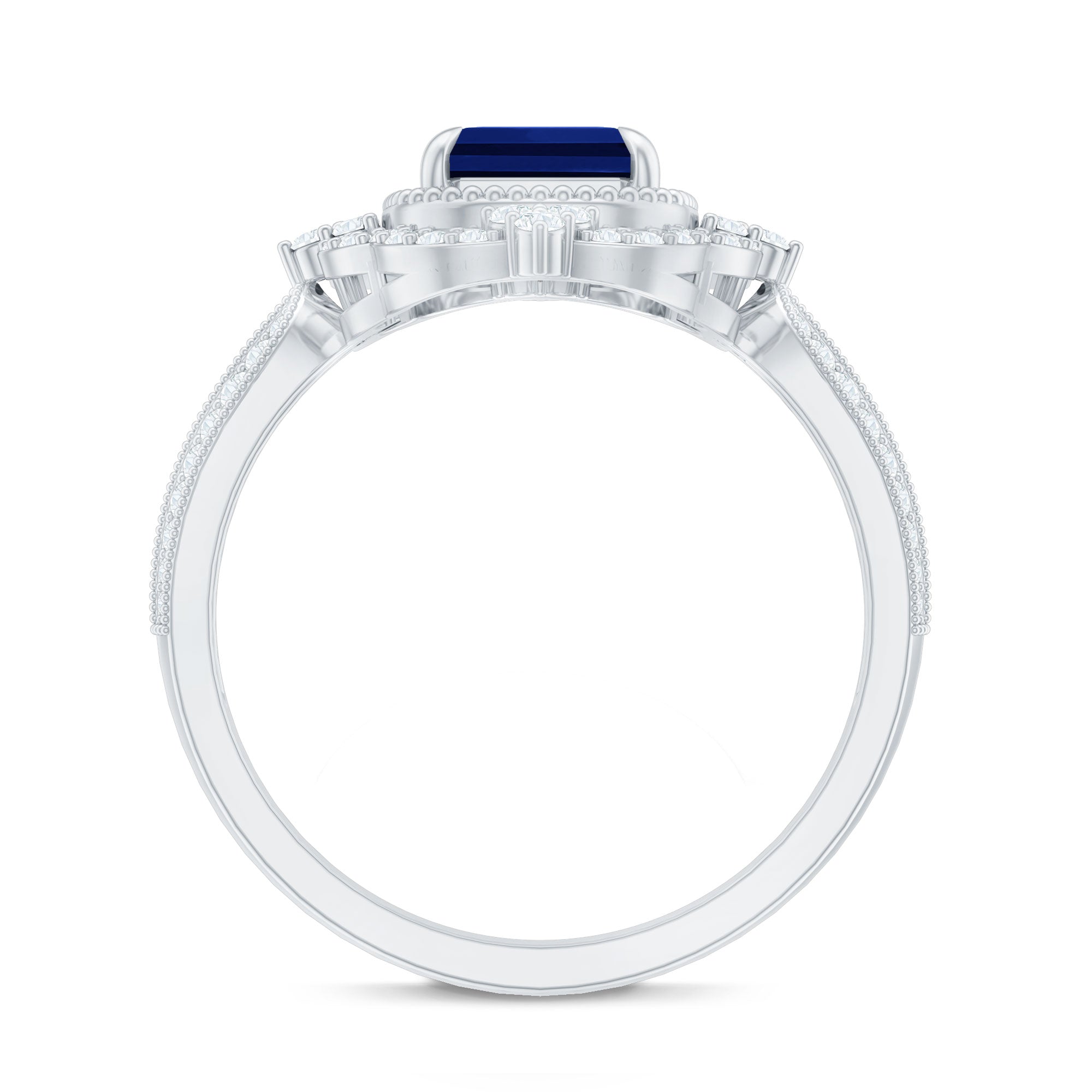 Vintage Style Created Blue Sapphire Engagement Ring with Diamond Floral Halo