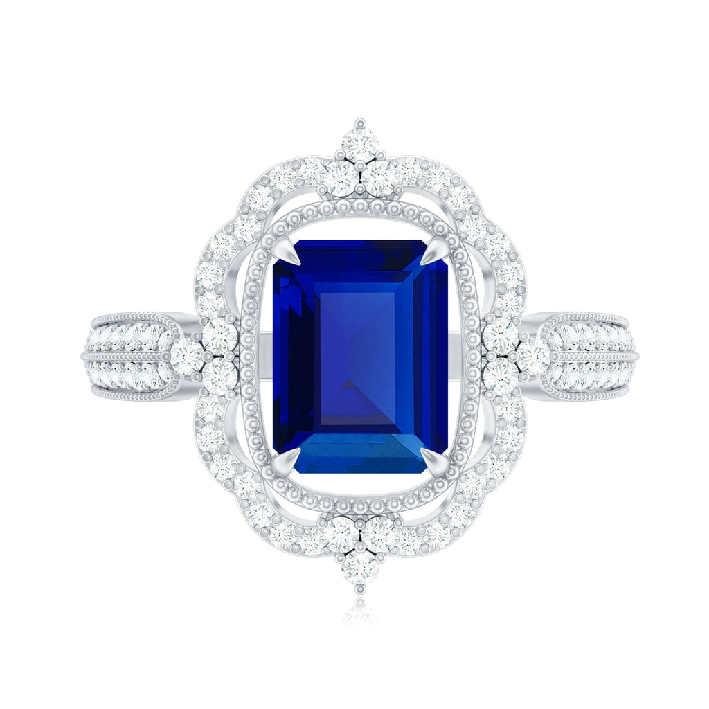 Vintage Style Created Blue Sapphire Engagement Ring with Diamond Floral Halo