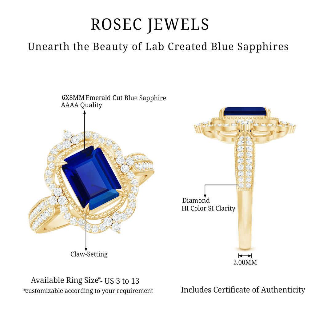 Vintage Style Created Blue Sapphire Engagement Ring with Diamond Floral Halo