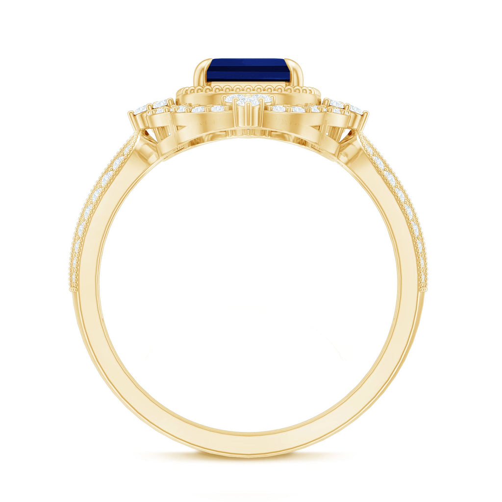 Vintage Style Created Blue Sapphire Engagement Ring with Diamond Floral Halo
