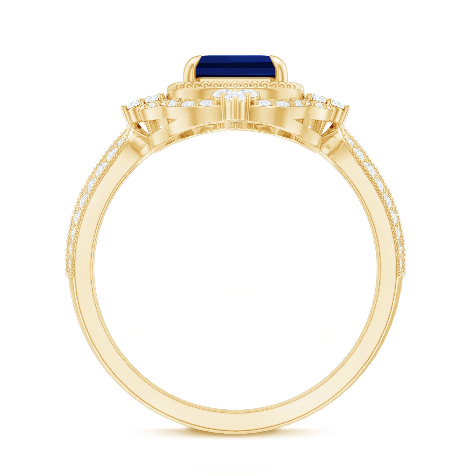 Vintage Style Created Blue Sapphire Engagement Ring with Diamond Floral Halo