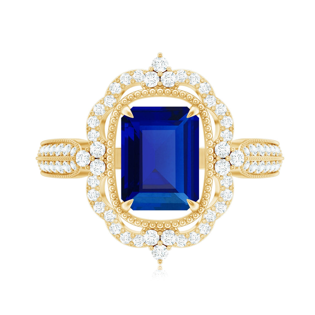 Vintage Style Created Blue Sapphire Engagement Ring with Diamond Floral Halo