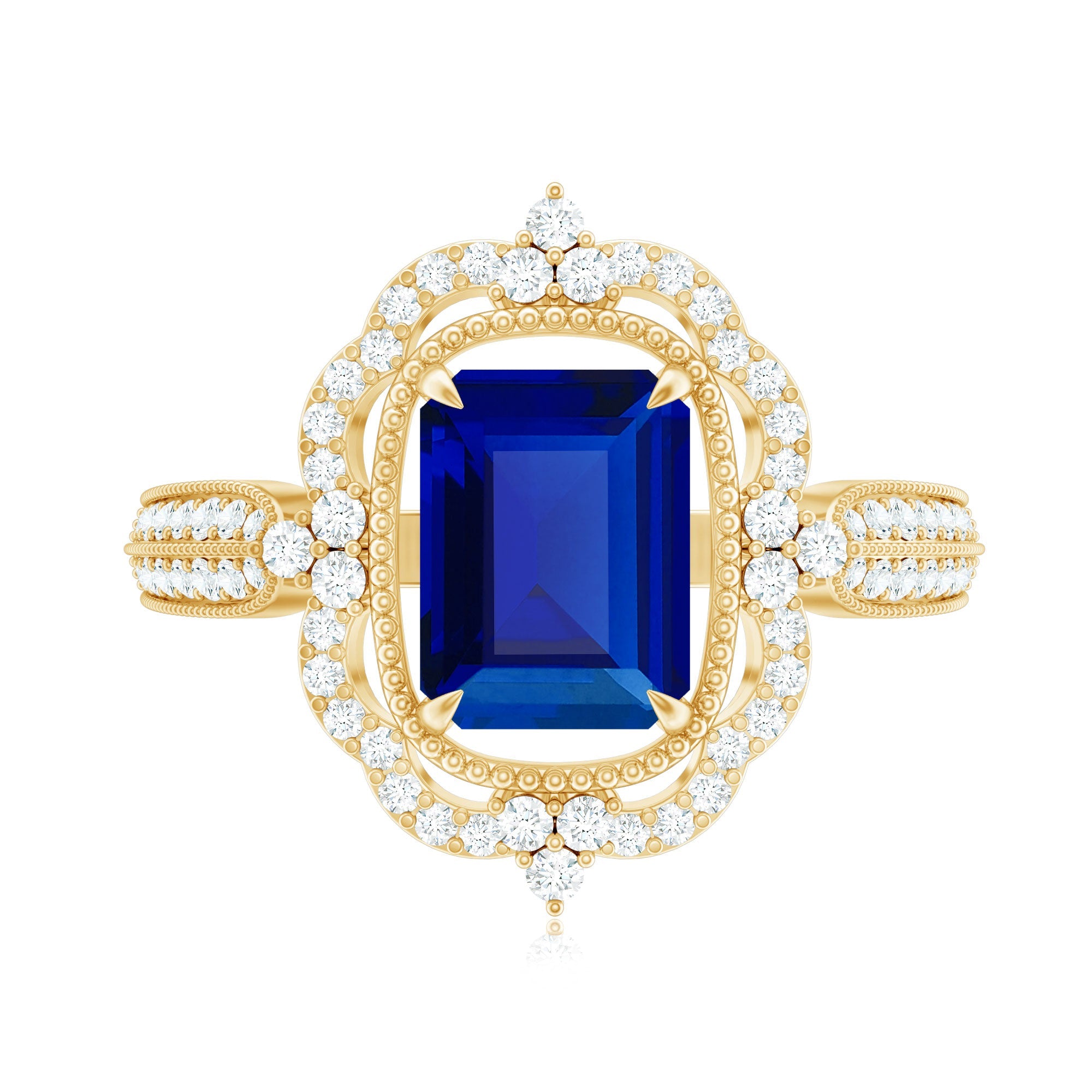 Vintage Style Created Blue Sapphire Engagement Ring with Diamond Floral Halo