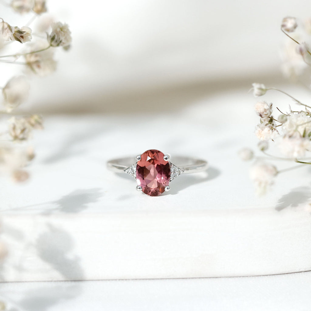 1.25 CT Oval Pink Tourmaline Solitaire Ring with Diamond Accent