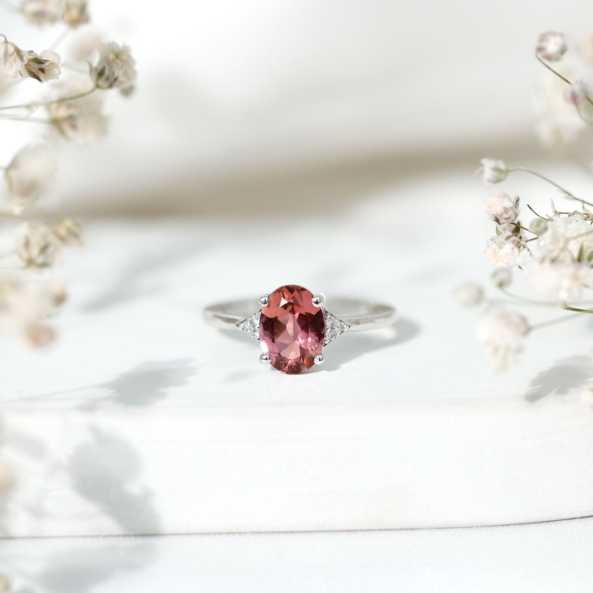 1.25 CT Oval Pink Tourmaline Solitaire Ring with Diamond Accent