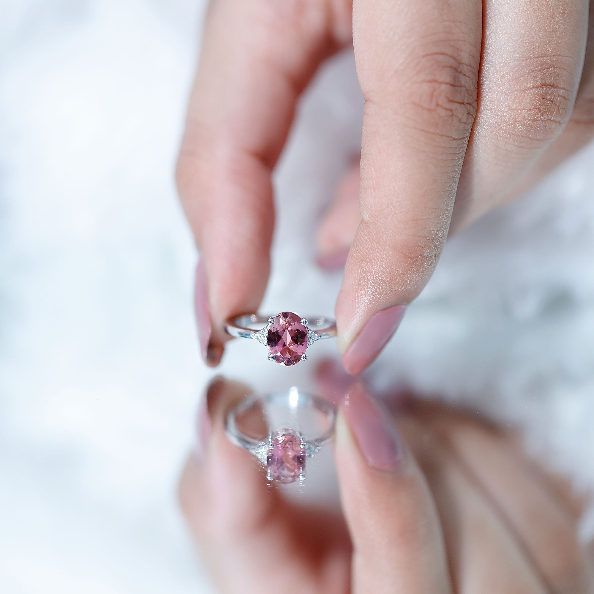 1.25 CT Oval Pink Tourmaline Solitaire Ring with Diamond Accent