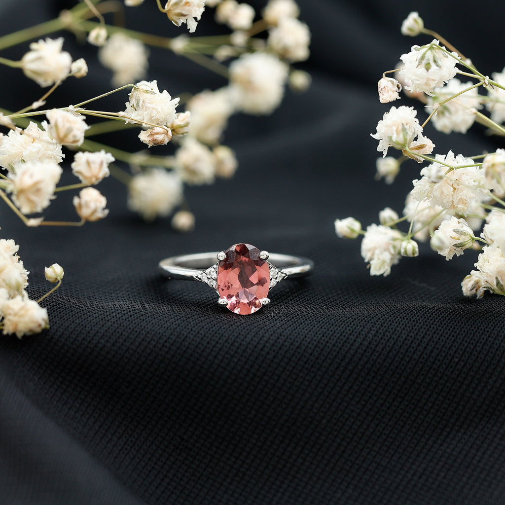 1.25 CT Oval Pink Tourmaline Solitaire Ring with Diamond Accent