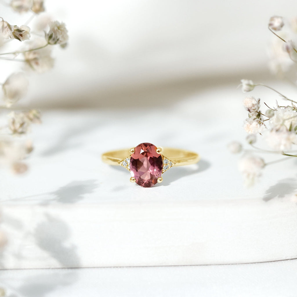 1.25 CT Oval Pink Tourmaline Solitaire Ring with Diamond Accent