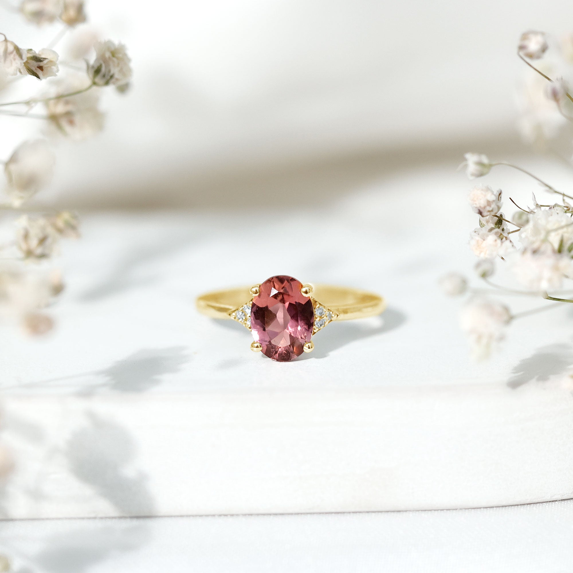 1.25 CT Oval Pink Tourmaline Solitaire Ring with Diamond Accent