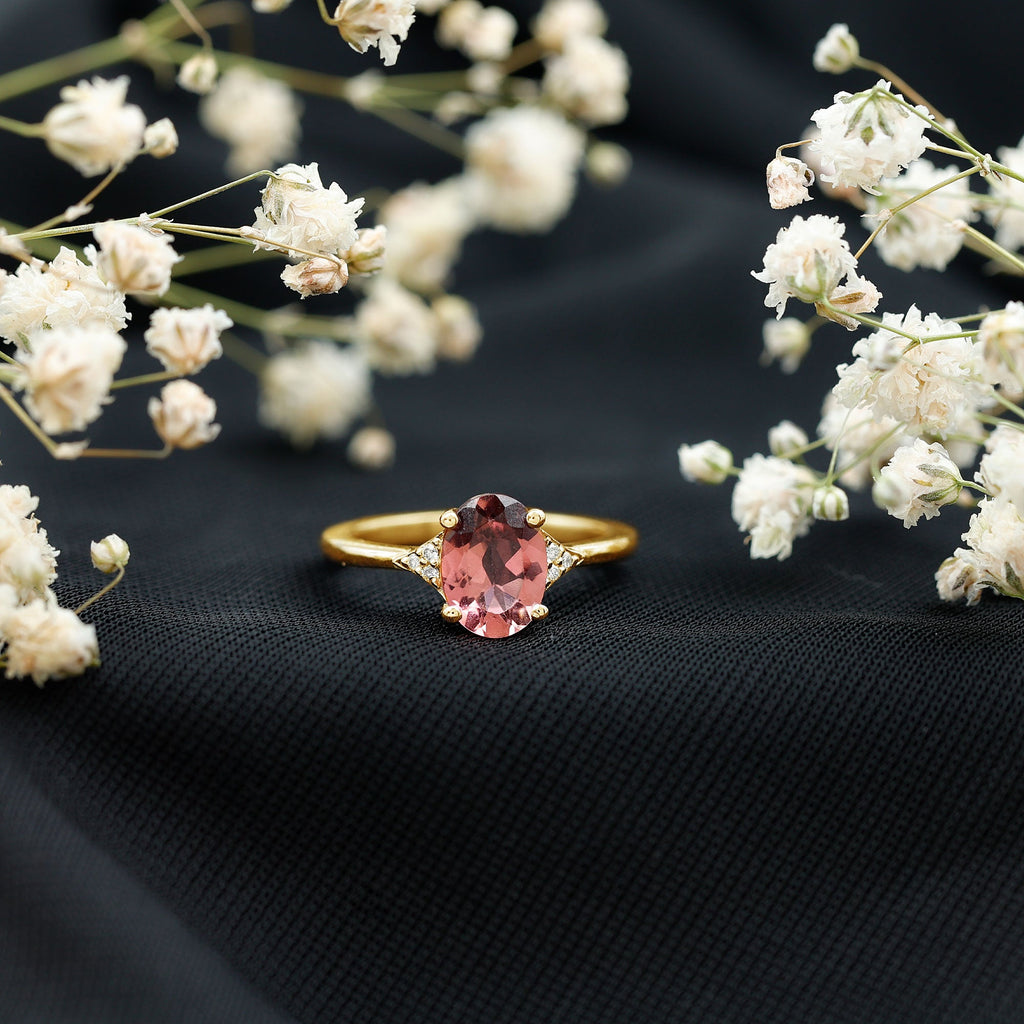 1.25 CT Oval Pink Tourmaline Solitaire Ring with Diamond Accent