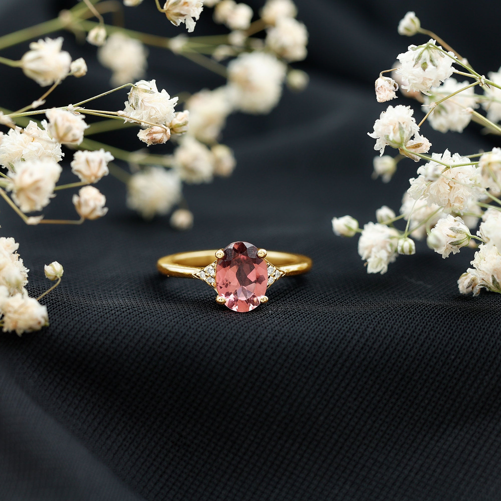 1.25 CT Oval Pink Tourmaline Solitaire Ring with Diamond Accent
