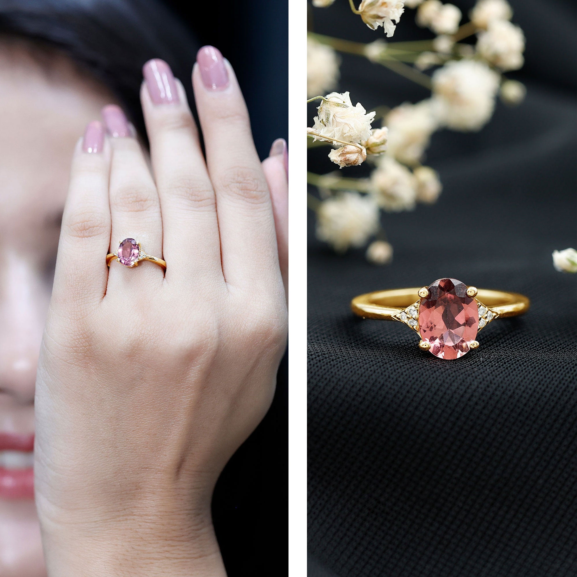 1.25 CT Oval Pink Tourmaline Solitaire Ring with Diamond Accent
