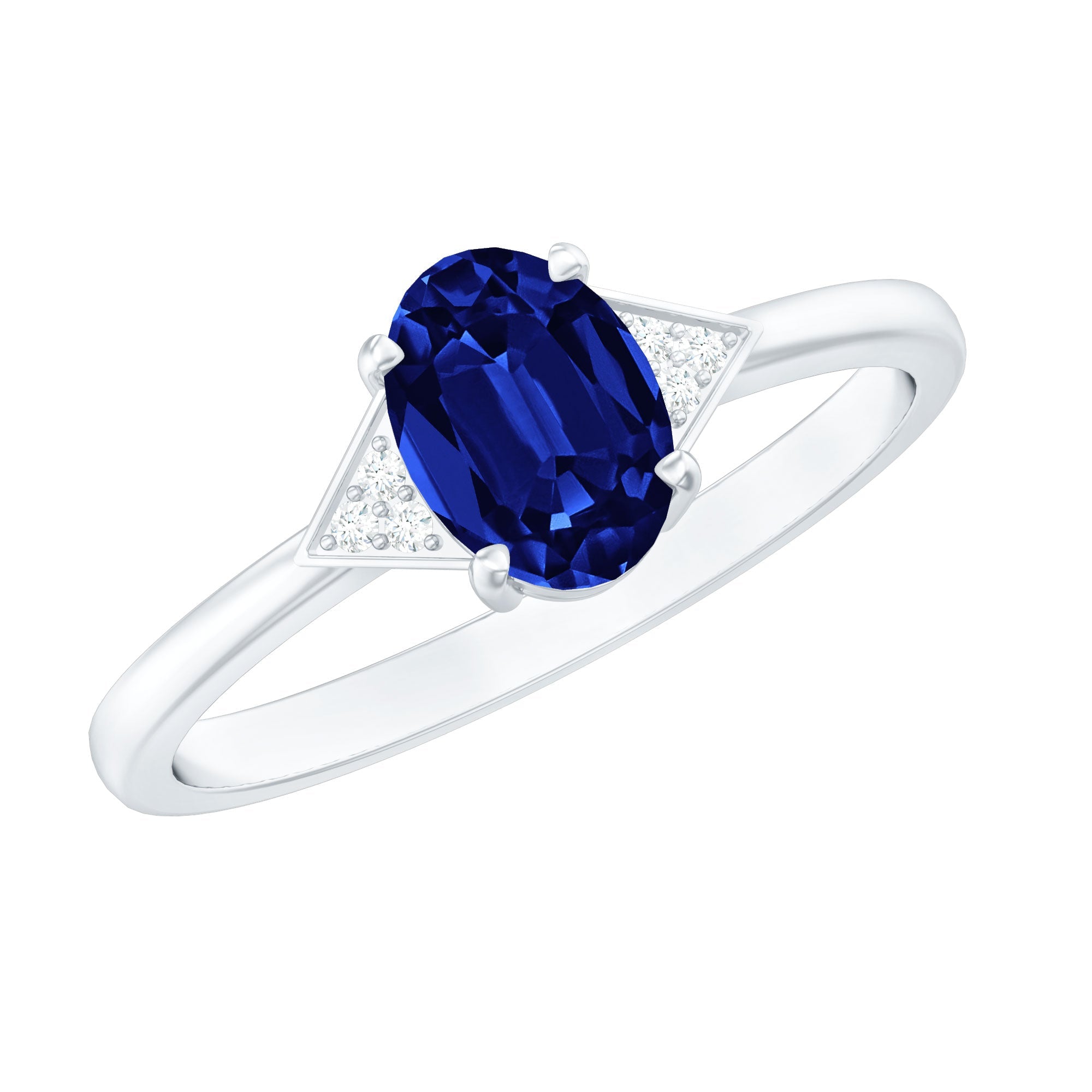 Oval Created Blue Sapphire Solitaire Ring with Diamond Accent
