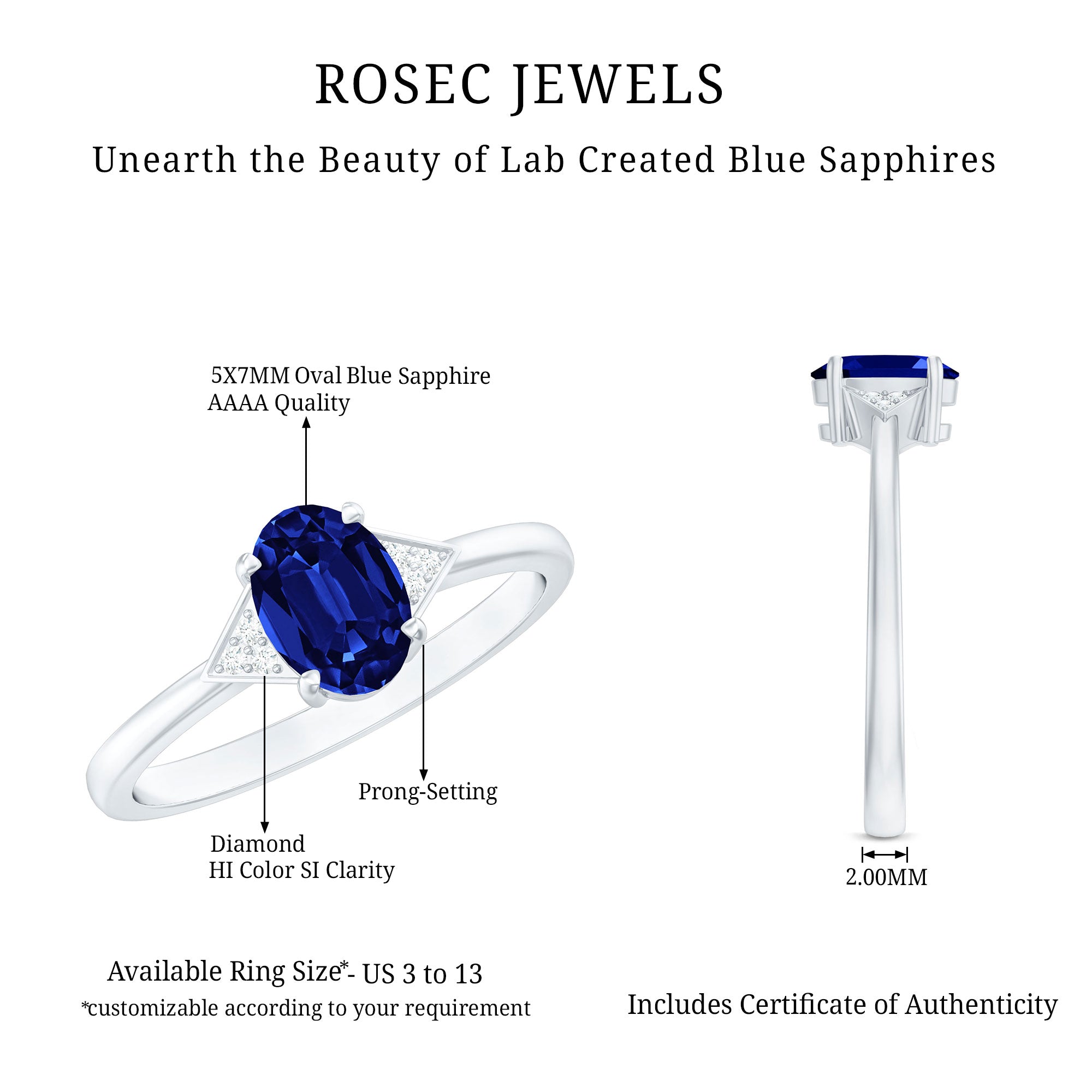 Oval Created Blue Sapphire Solitaire Ring with Diamond Accent