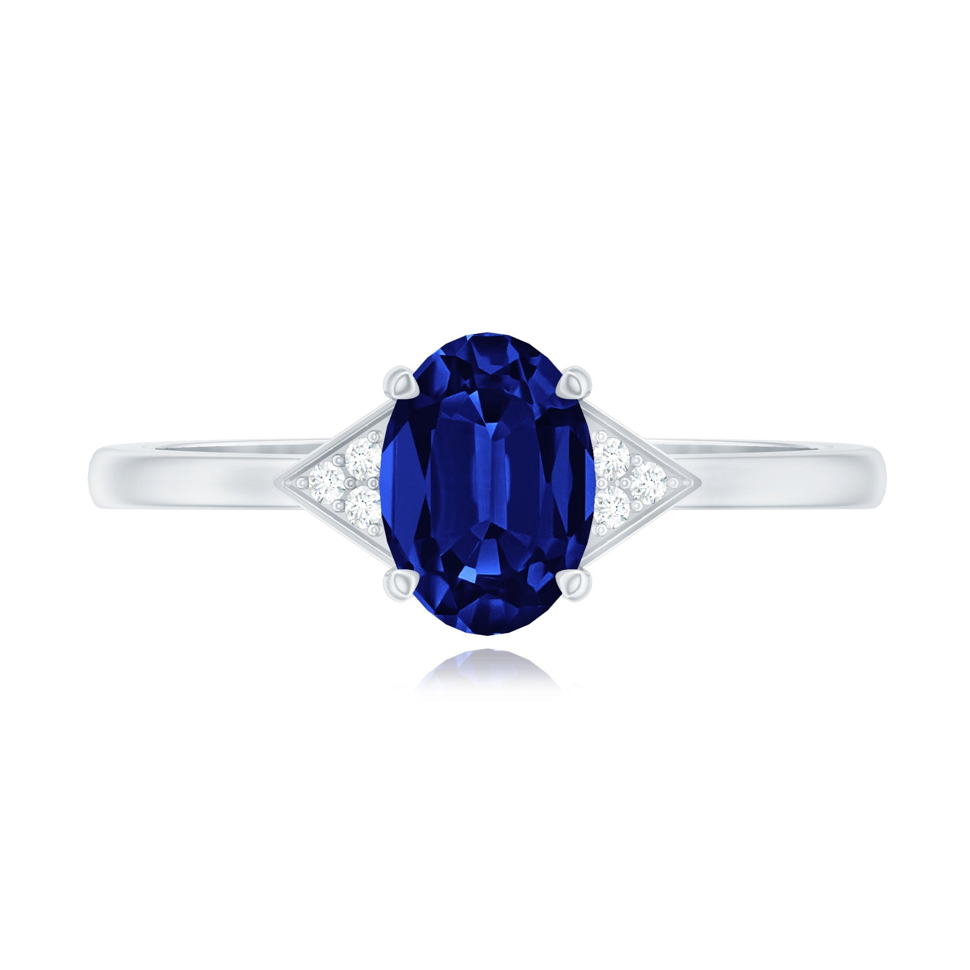 Oval Created Blue Sapphire Solitaire Ring with Diamond Accent