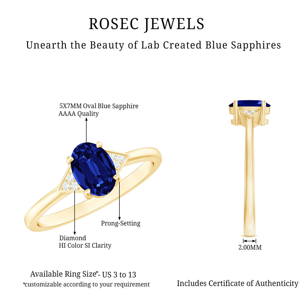 Oval Created Blue Sapphire Solitaire Ring with Diamond Accent