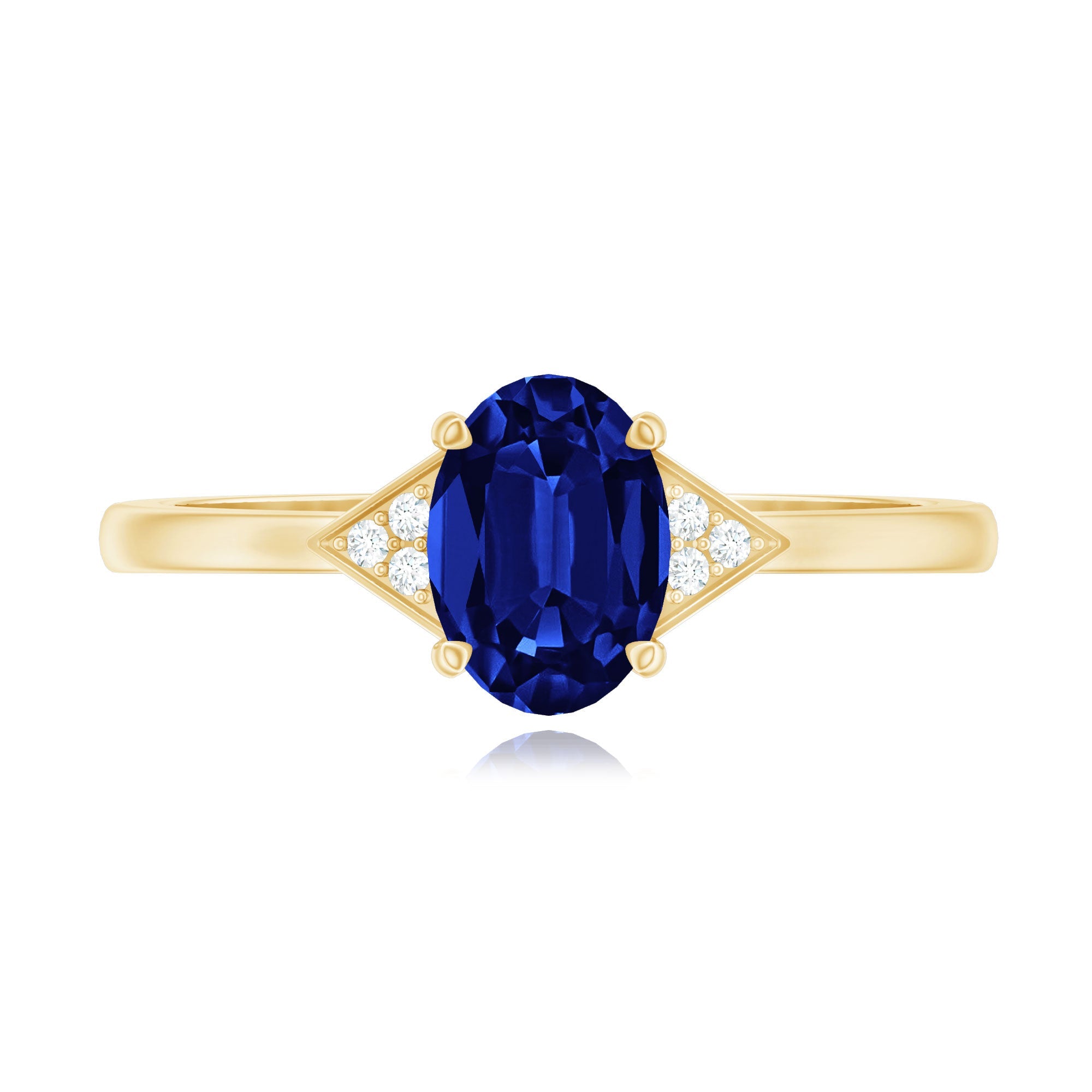 Oval Created Blue Sapphire Solitaire Ring with Diamond Accent