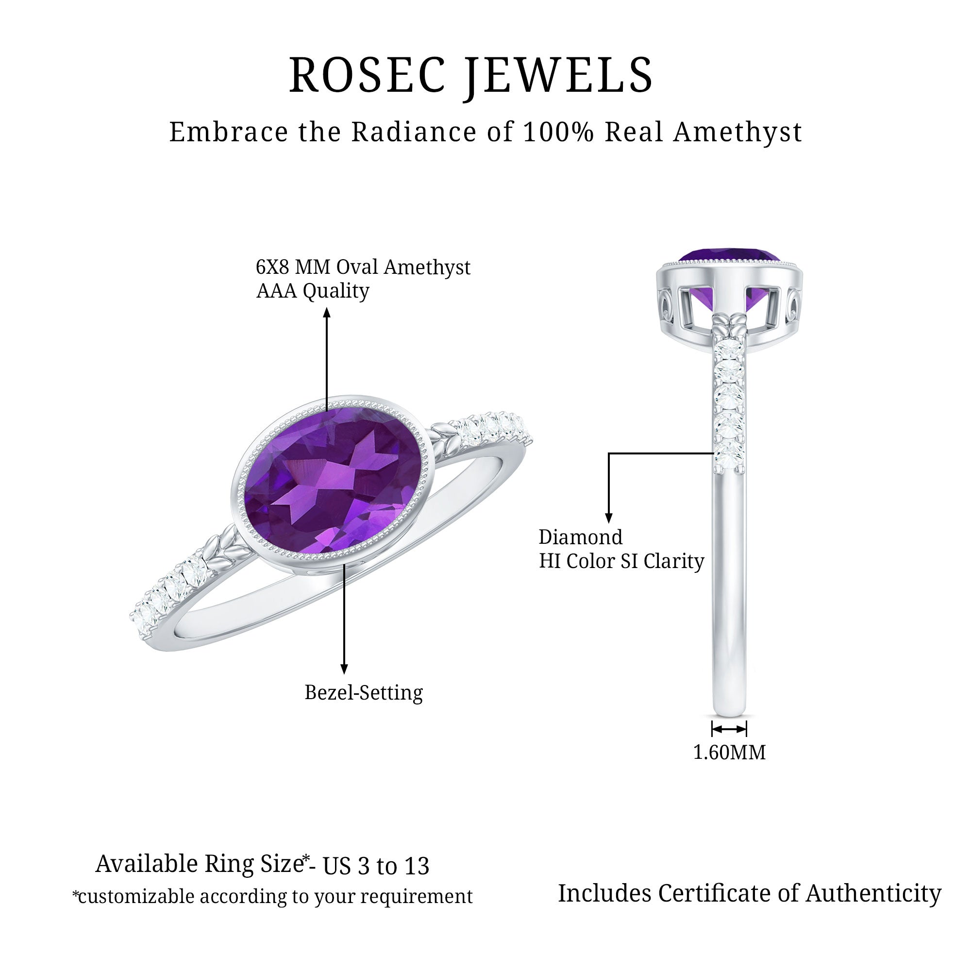 Oval Amethyst Solitaire Engagement Ring with Diamond
