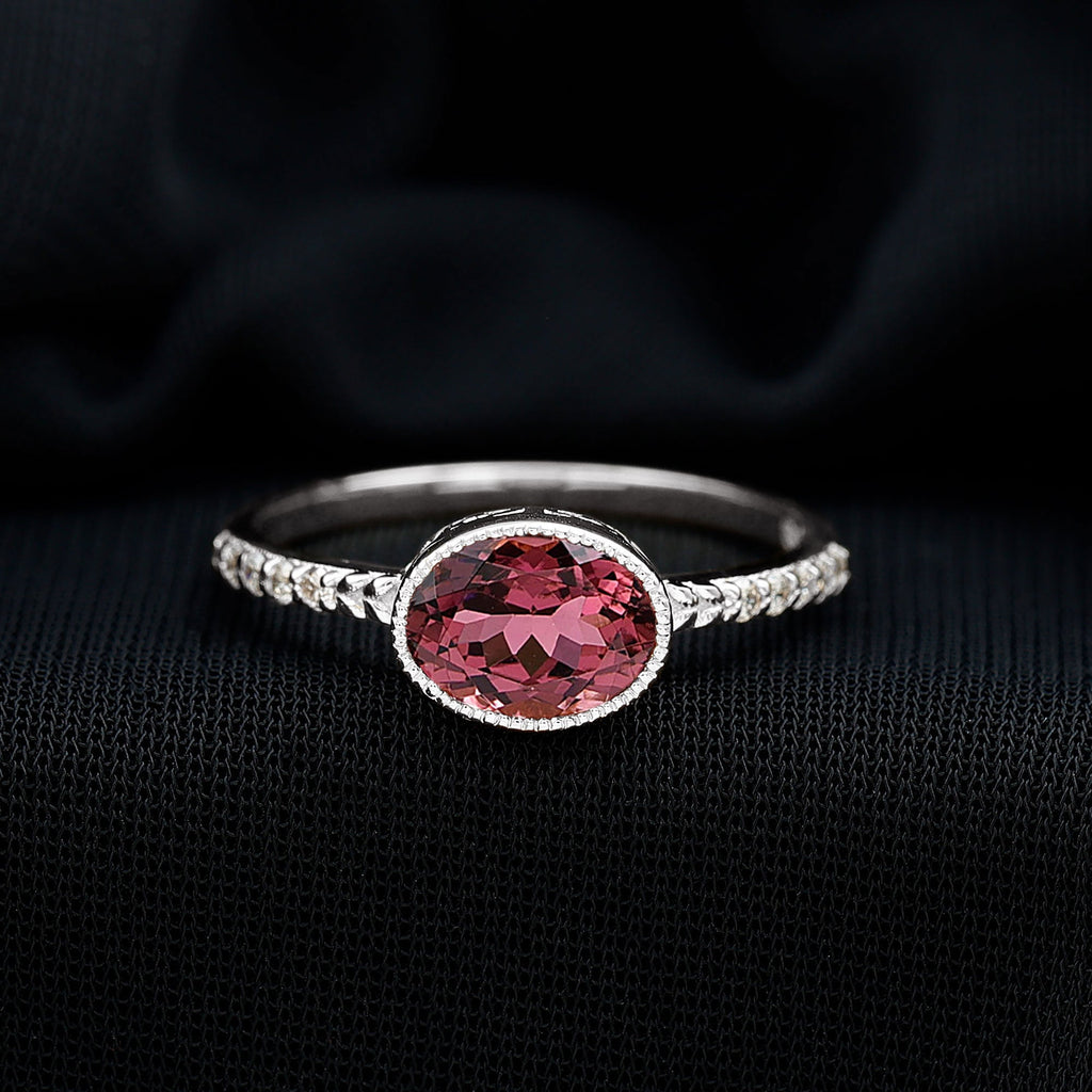 1 Carat Oval Pink Tourmaline East West Engagement Ring with Diamond