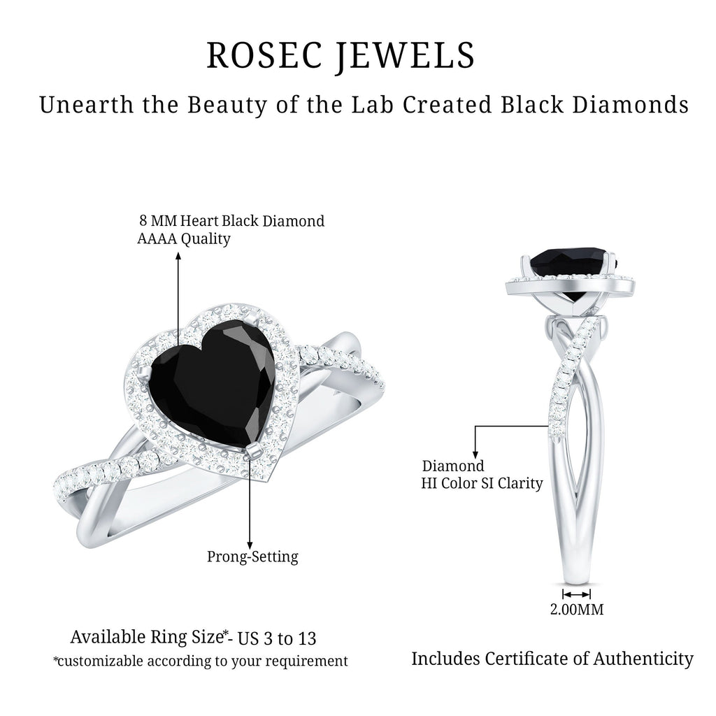 Heart Shape Created Black Diamond Crossover Engagement Ring with Diamond