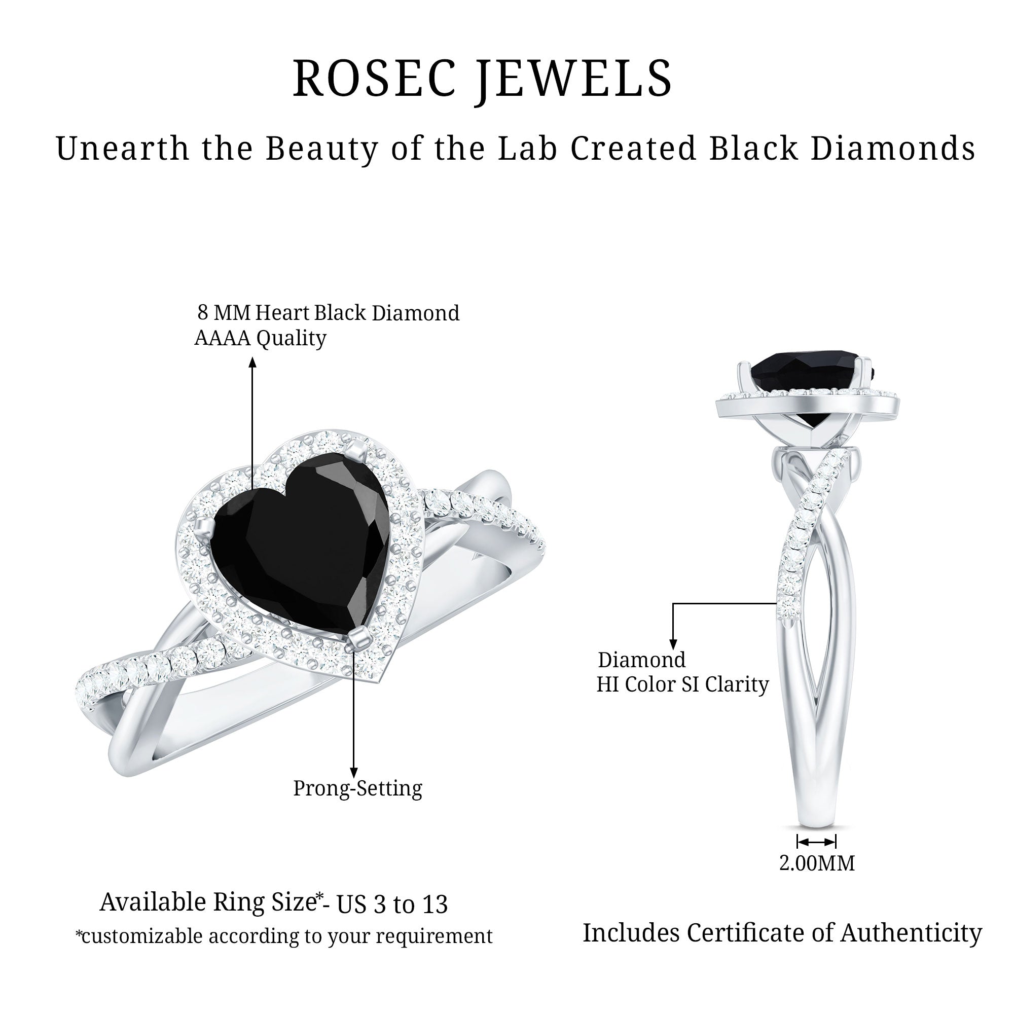 Heart Shape Created Black Diamond Crossover Engagement Ring with Diamond