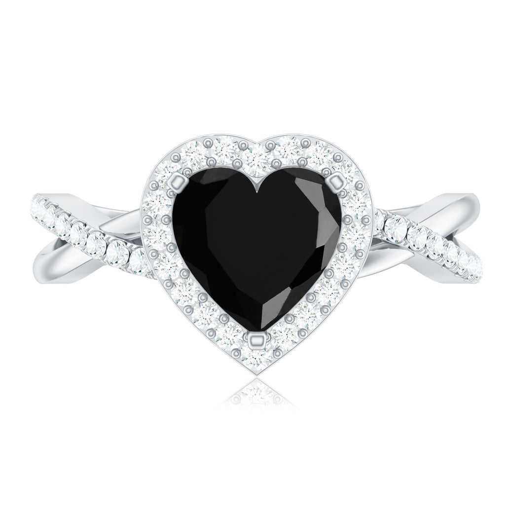 Heart Shape Created Black Diamond Crossover Engagement Ring with Diamond