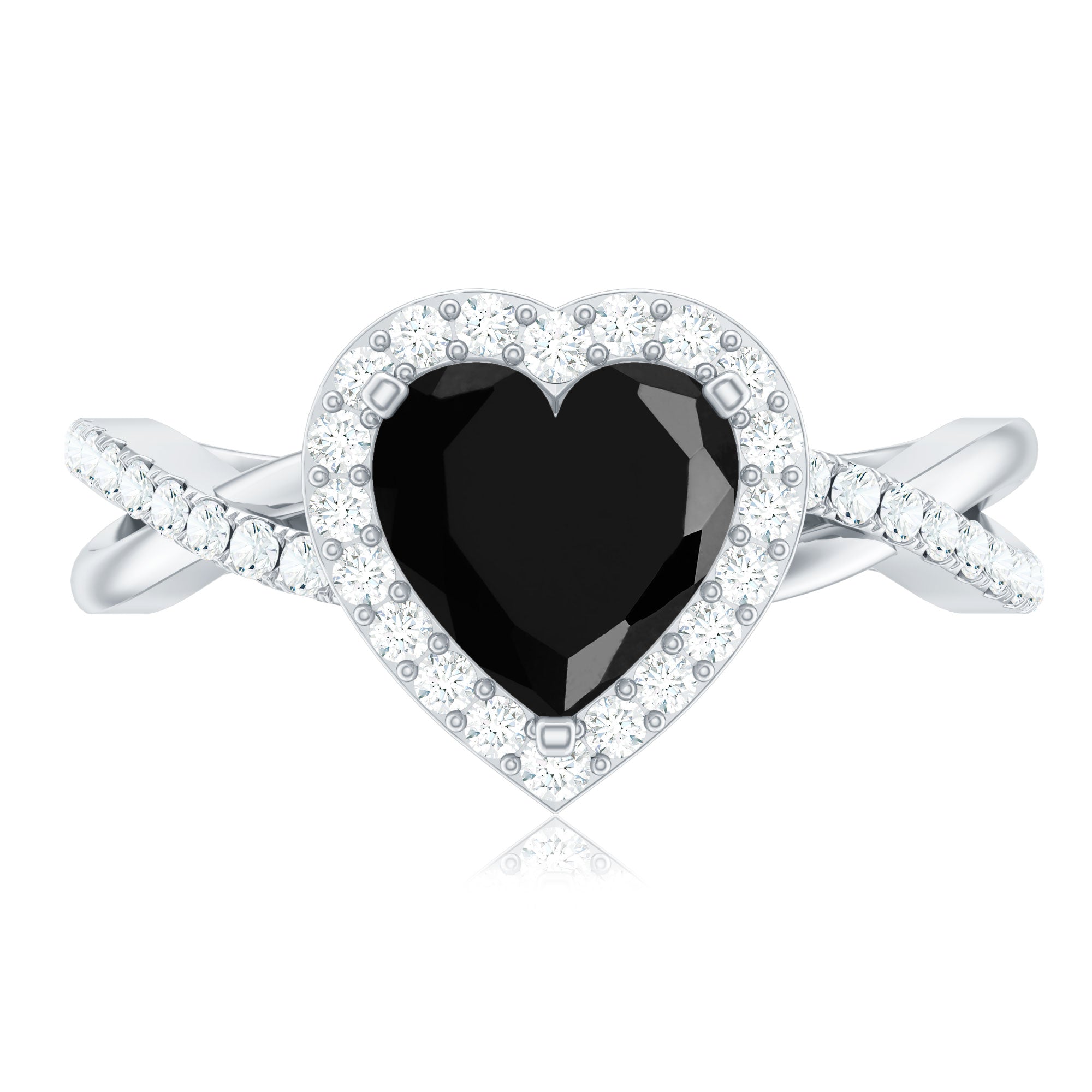 Heart Shape Created Black Diamond Crossover Engagement Ring with Diamond
