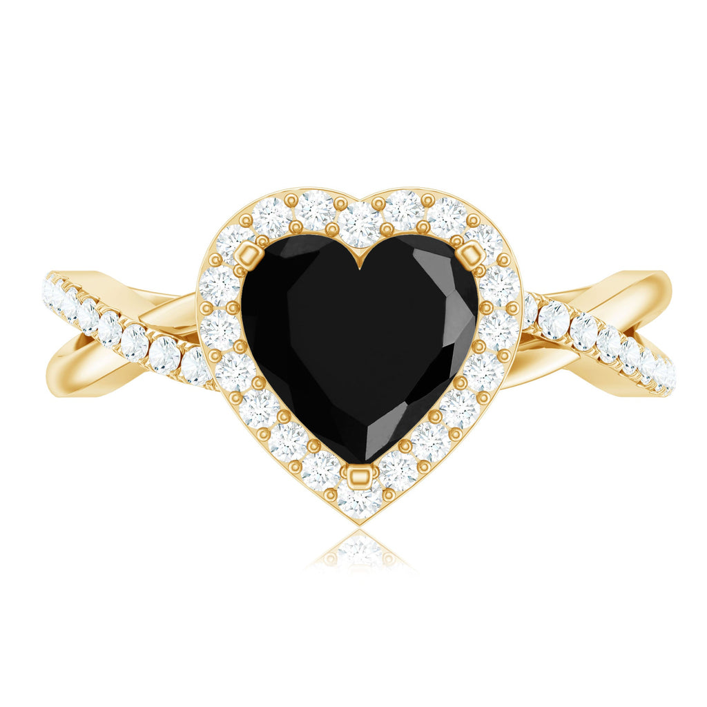 Heart Shape Created Black Diamond Crossover Engagement Ring with Diamond