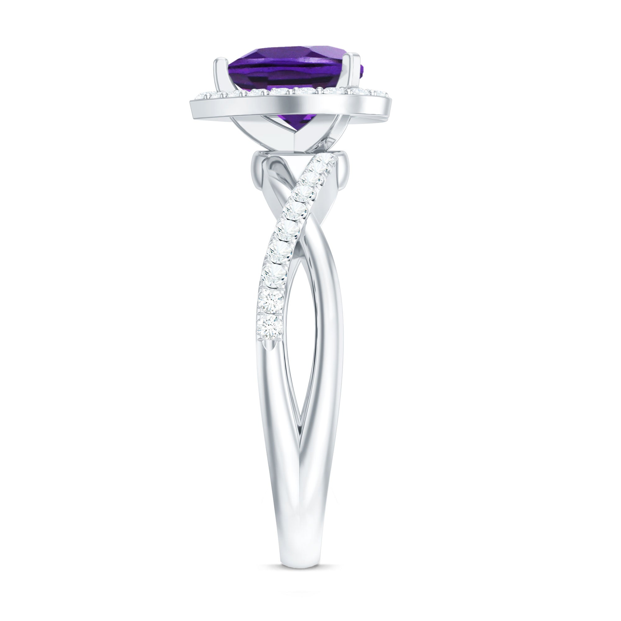 Heart Shape Amethyst Crossover Engagement Ring with Diamond