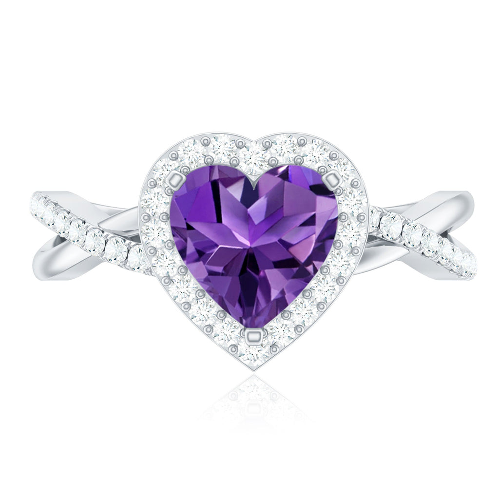 Heart Shape Amethyst Crossover Engagement Ring with Diamond