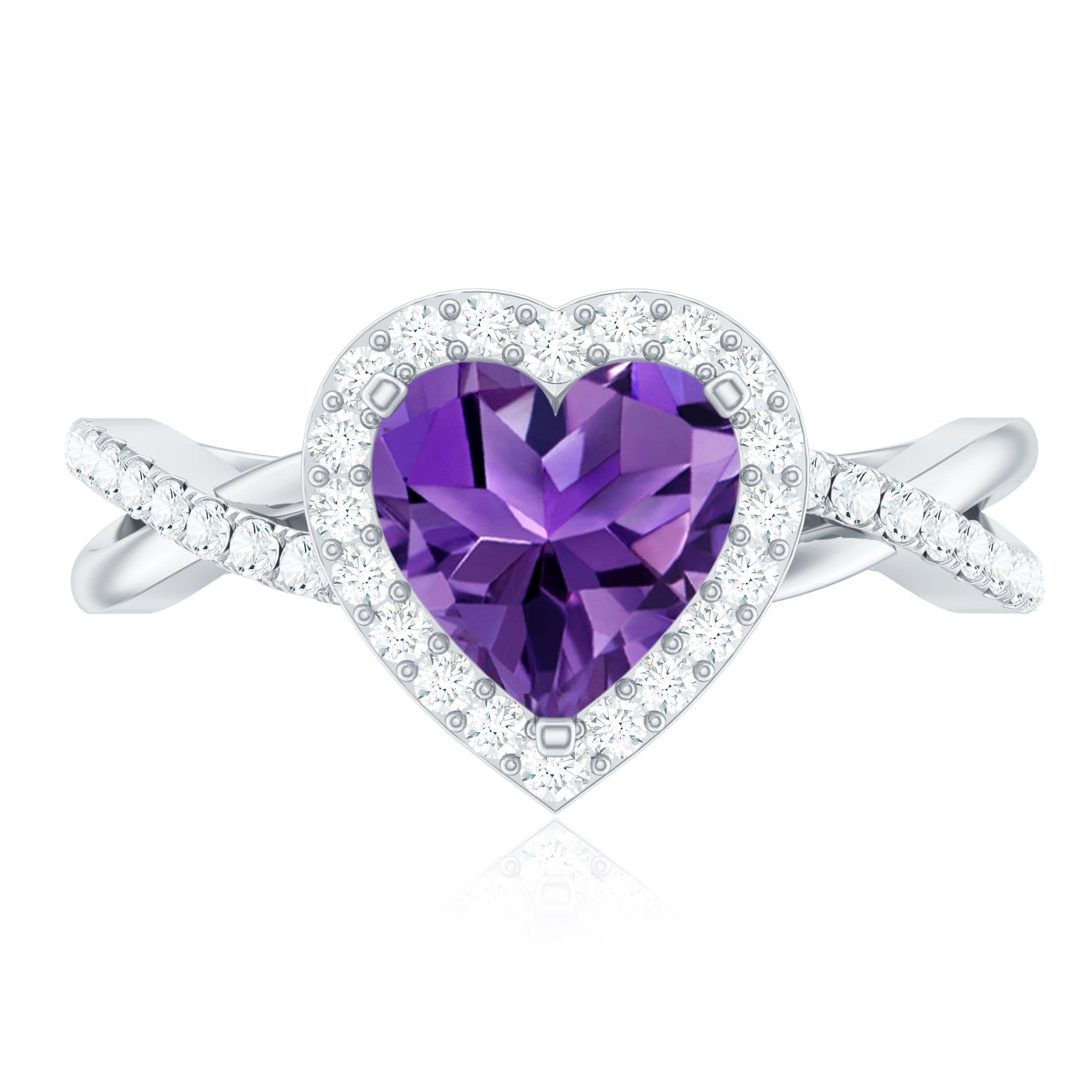 Heart Shape Amethyst Crossover Engagement Ring with Diamond