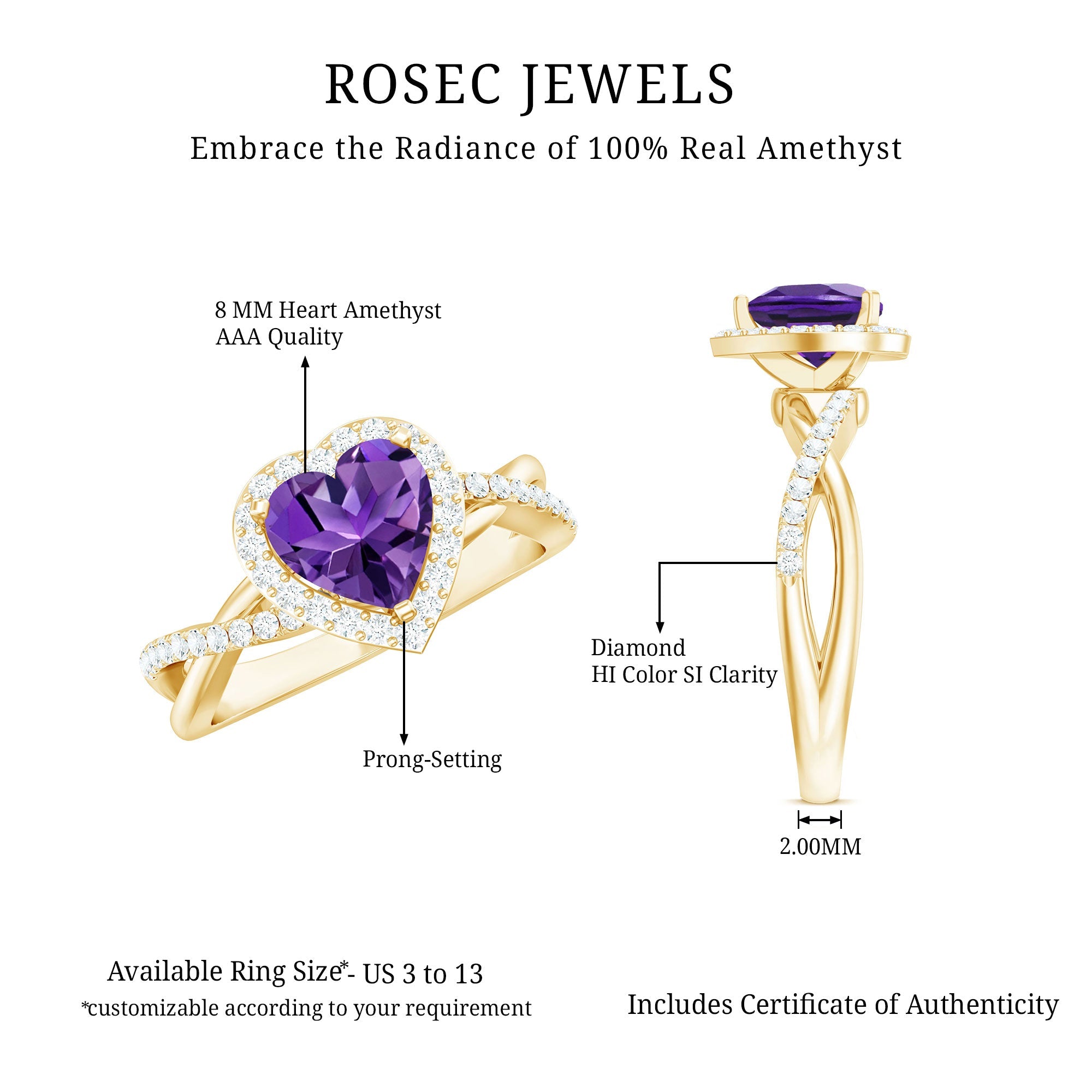 Heart Shape Amethyst Crossover Engagement Ring with Diamond