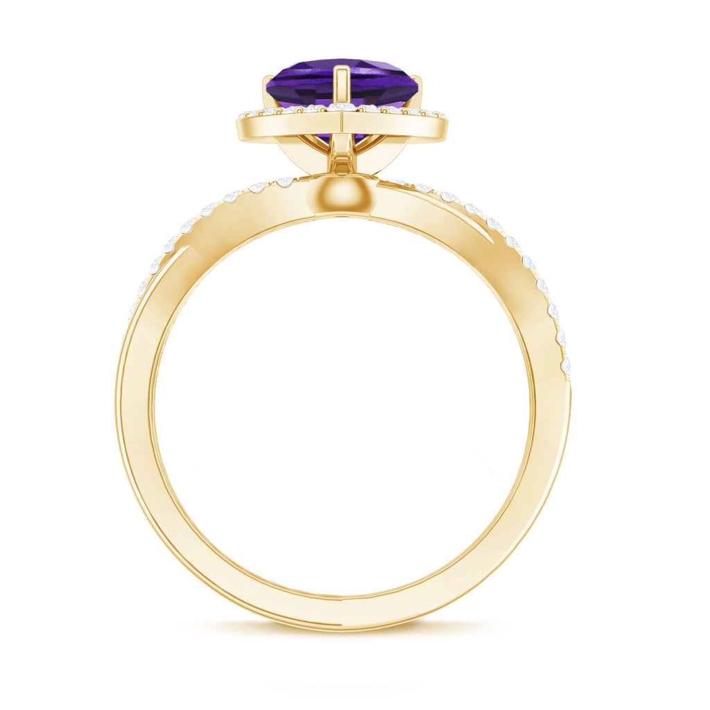 Heart Shape Amethyst Crossover Engagement Ring with Diamond