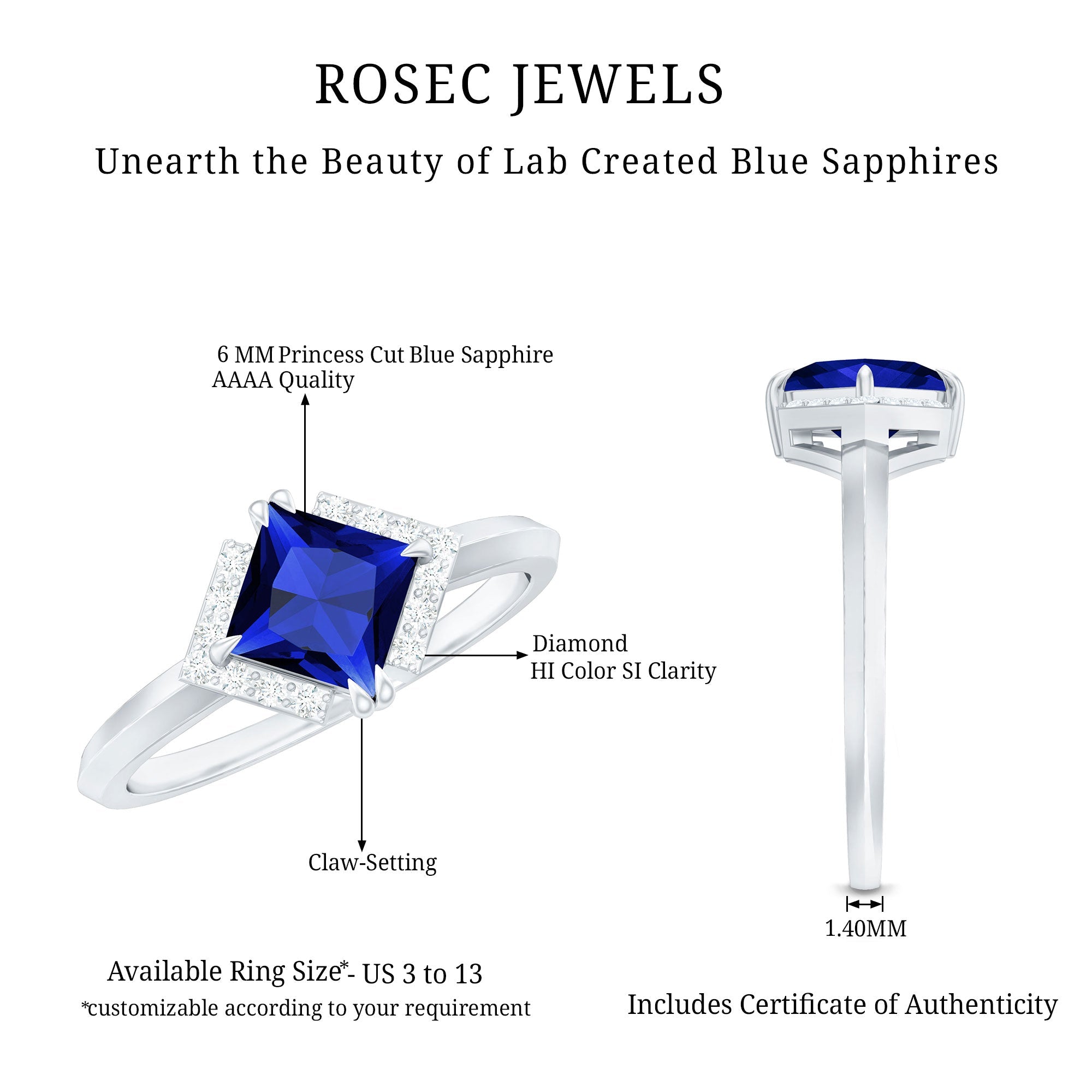 Princess Cut Created Blue Sapphire Simple Engagement Ring with Diamond